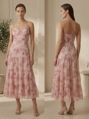 Floral Tiered Slip Midi Dress - Blush Pink